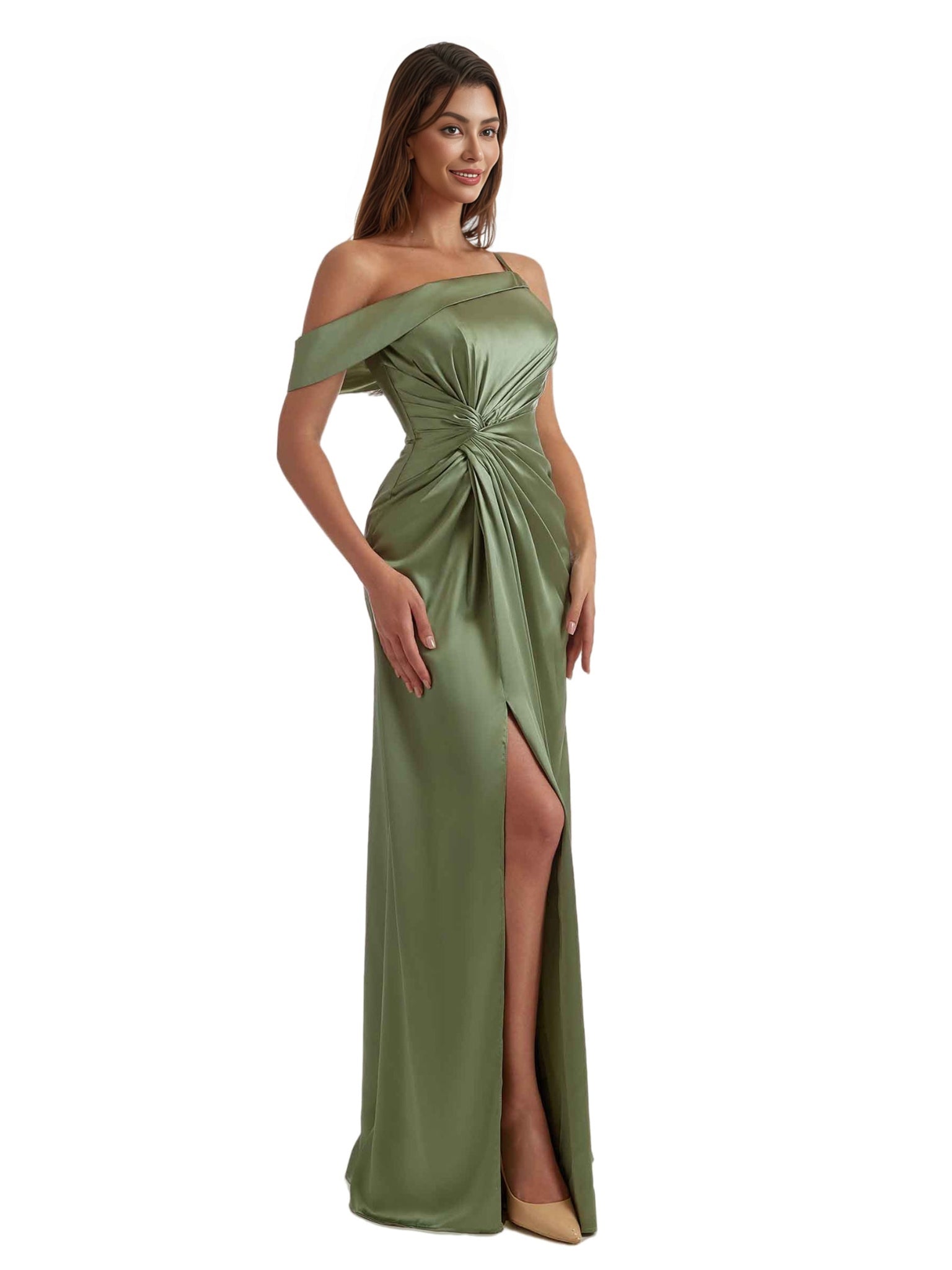 Sexy Asymmetric Mermaid Ruched Satin Nice Long Bridesmaid Dresses Split