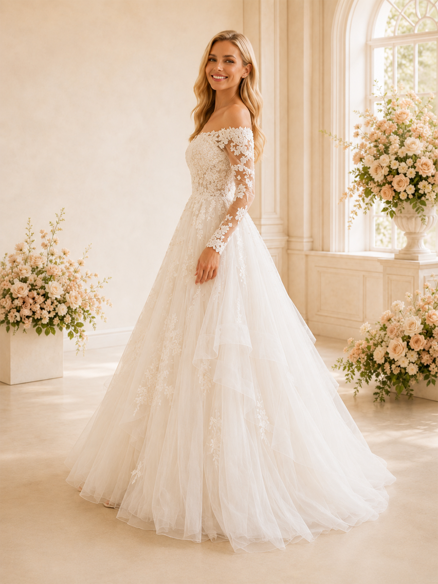 ChicSew Modern A-Line Lace Tulle V-Neck Long Sleeves Tiered Maxi Wedding Dresses