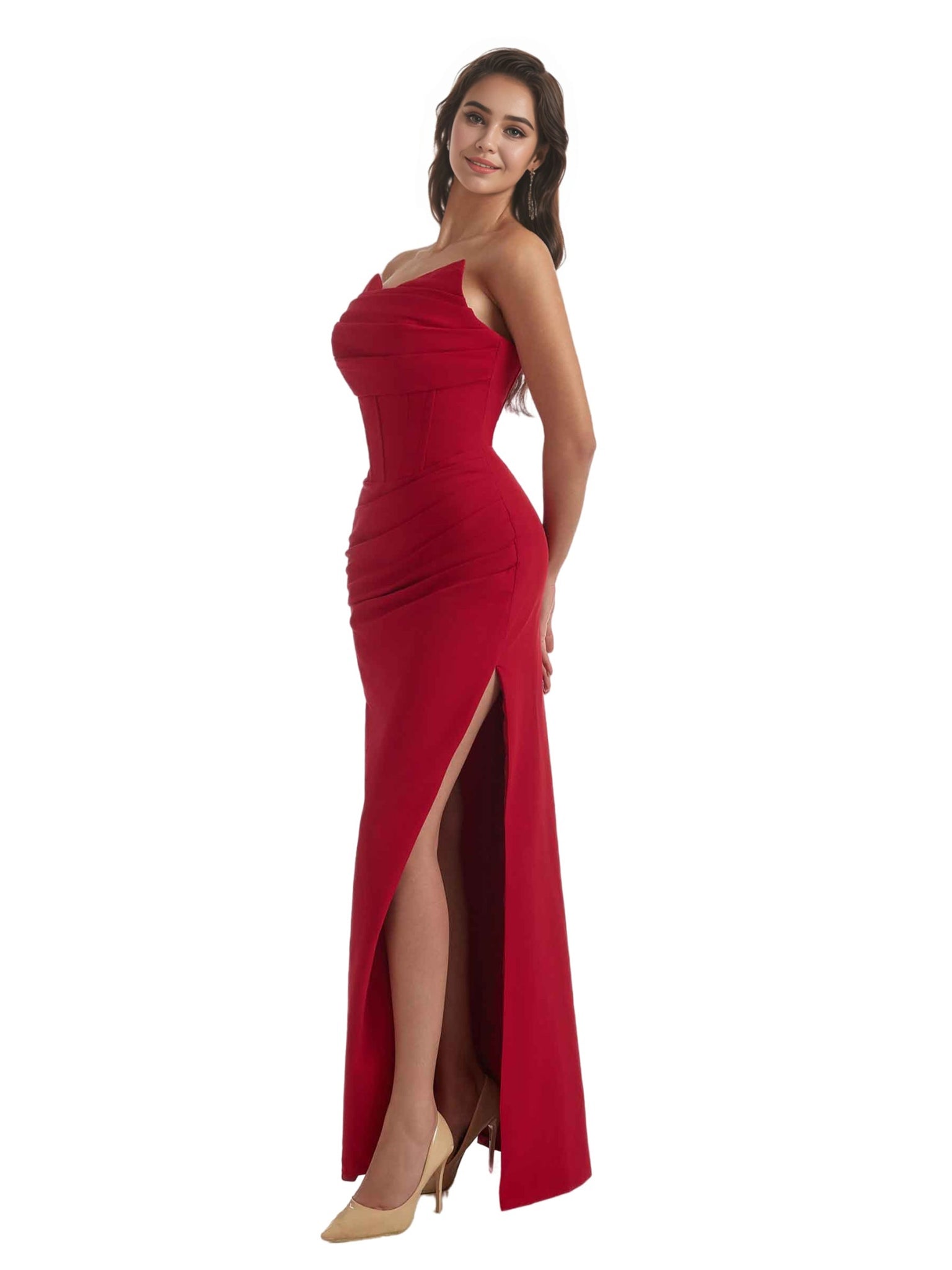 Sexy Sweetheart Mermaid Crepe Long Bridesmaid Dress For Wedding Boning Side Slit