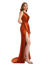 Elegant One Shoulder Side Split Mermaid Long Satin Bridesmaid Dresses Online
