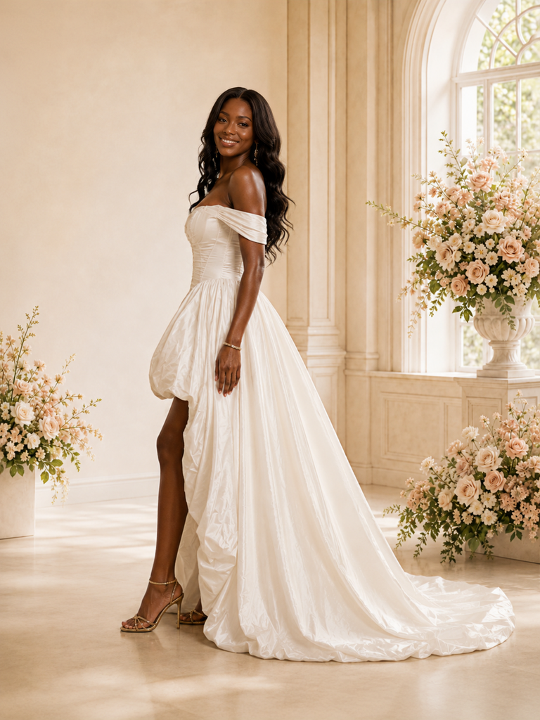 ChicSew Modern Off The Shoulder A-Line Ruched Satin High-Low Wedding Dress