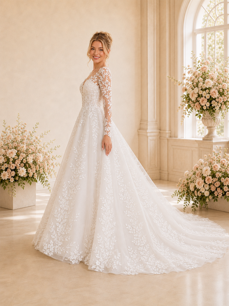 ChicSew Elegant A-Line Long Sleeves Lace Tulle Maxi Long Wedding Dresses With Long Train