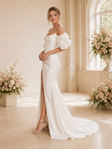 ChicSew Fancy Off The Shoulder Satin Ruched Side Slit Mermaid Long Wedding Dress With Flower