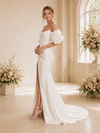 ChicSew Fancy Off The Shoulder Satin Ruched Side Slit Mermaid Long Wedding Dress With Flower