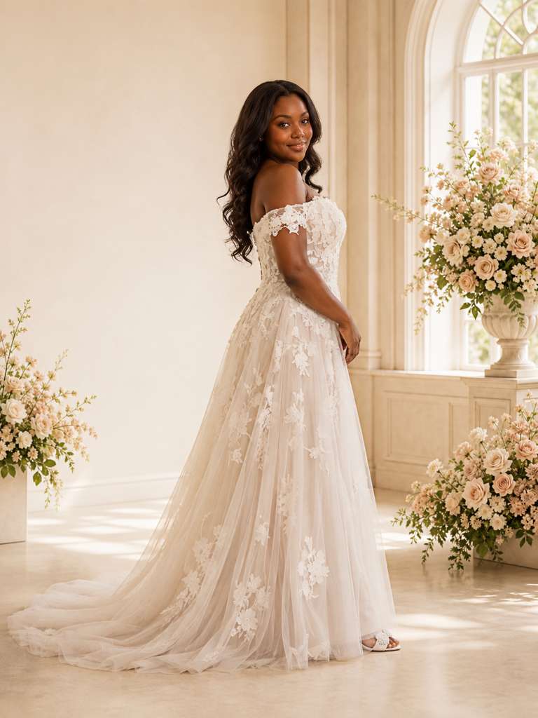 ChicSew Romantic A-Line Off The Shoulder Tulle Maxi Wedding Dress With Lace Applique