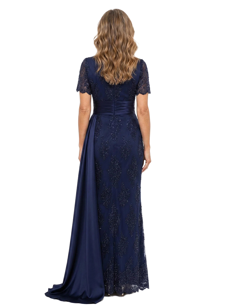 ChicSew Short Sleeve Round Neck Beaded Lace Mermaid Floor Length Evening Gown With Satin Sash