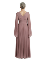 ChicSew V-Neck Long Sleeve Floor Length Pleated Chiffon Elegant Mother of the Bride Dresses