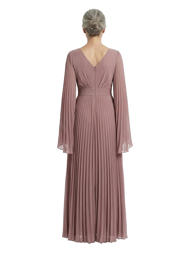 ChicSew V-Neck Long Sleeve Floor Length Pleated Chiffon Elegant Mother of the Bride Dresses