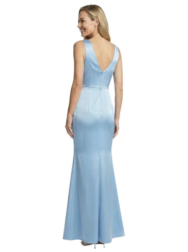 Chicsew Chic V-Neck Sleeveless Satin Mother of The Groom Dress With Ruffles Side Slit