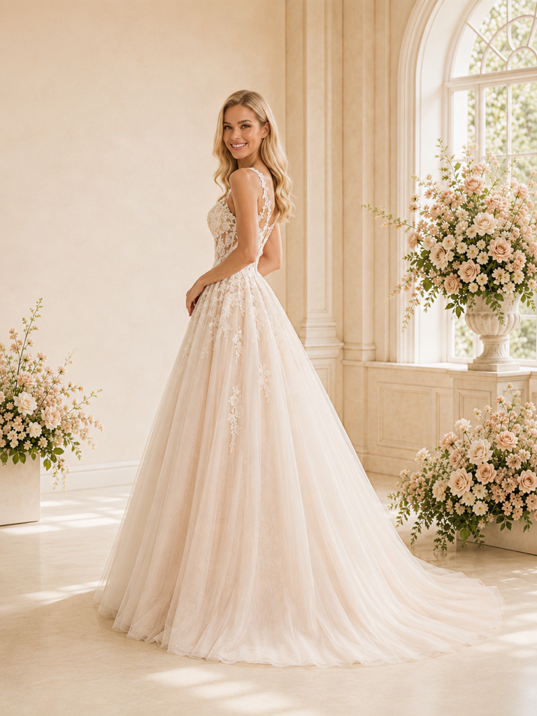 ChicSew Romantic A-Line Lace Spaghetti Straps Long Wedding Dresses With Applique