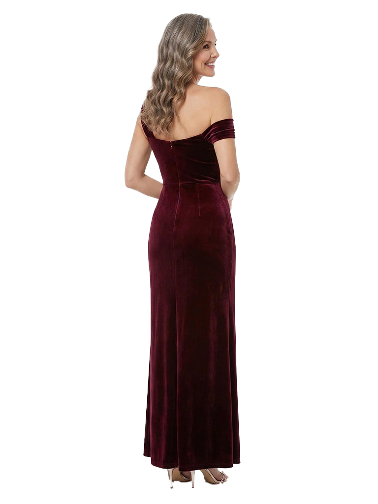 Chicsew Asymmetric Off Shoulder Ruched Side Slit Velvet Floor-Length Mother Of The Groom Dress