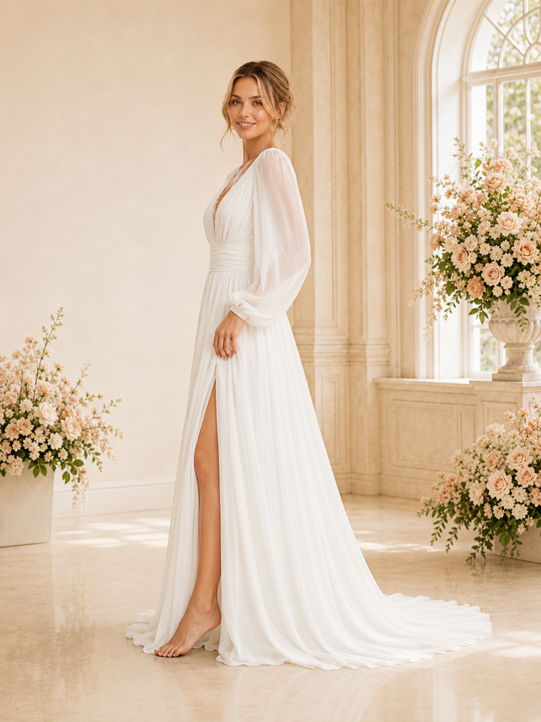 ChicSew Elegant V-Neck Long Sleeves Chiffon A-Line Maxi Wedding Dress With Side Slit