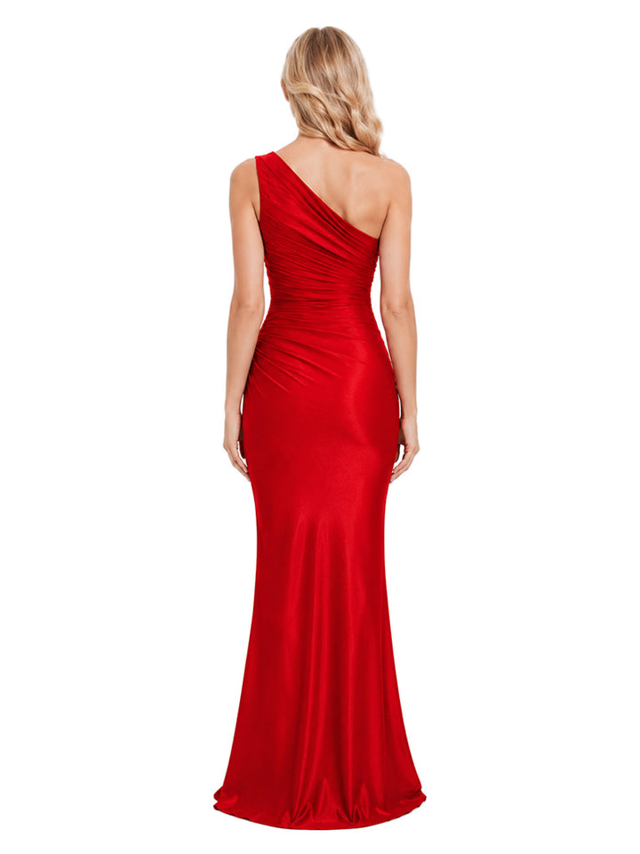 ChicSew Unique One Shoulder Ruched Bodice Mermaid Satin Bridesmaid Dress Sleeveless Long Wedding Evening Gown