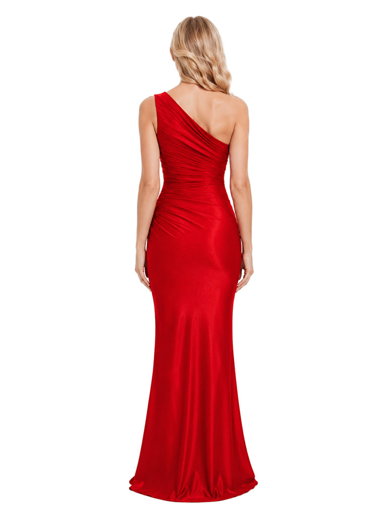 ChicSew Unique One Shoulder Ruched Bodice Mermaid Satin Bridesmaid Dress Sleeveless Long Wedding Evening Gown