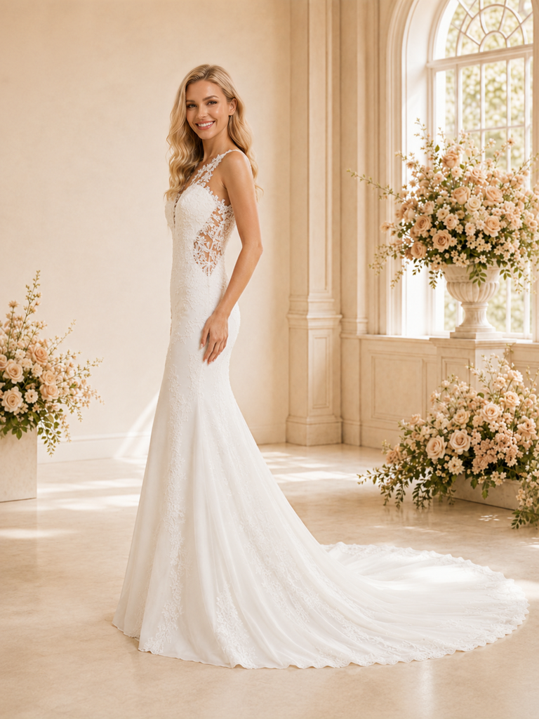 ChicSew Romantic Sexy Deep V-Neck Mermaid Lace Tulle Floor-Length Wedding Dress With Button