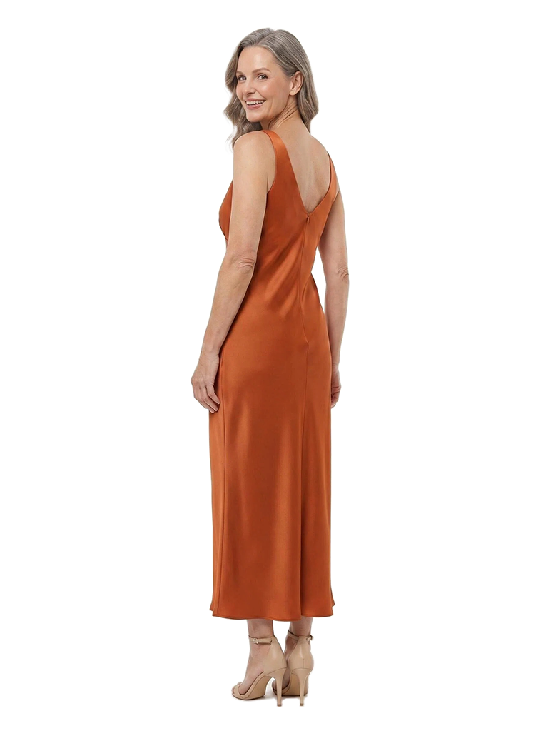 ChicSew V-Neck Sleeveless Satin Tea-Length Sheath Mother of the Bride Dress