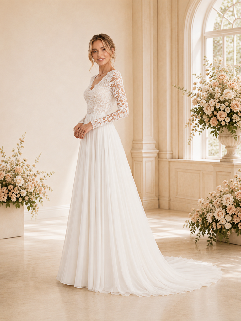 ChicSew Elegant A-Line Lace Applique Chiffon V-Neck Long Sleeves Floor-Length Wedding Dress