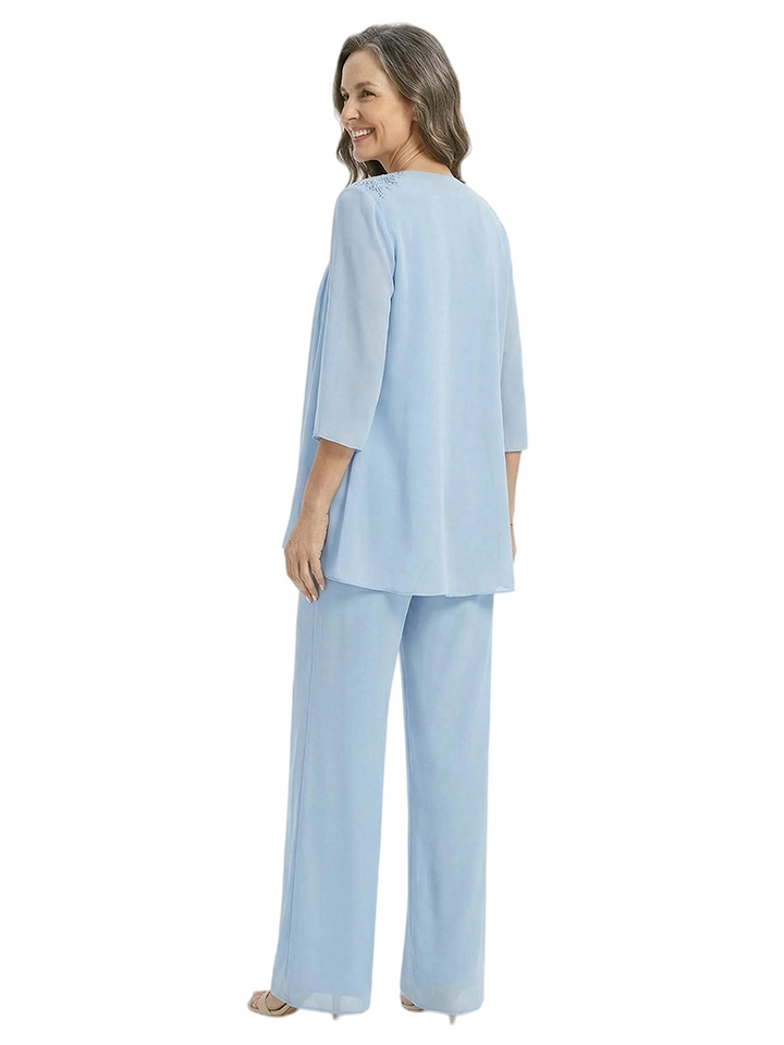 ChicSew Scoop Long Sleeve Chiffon Jacket Lace Beaded Pant Suit Formal Mom Of The Groom Outfits