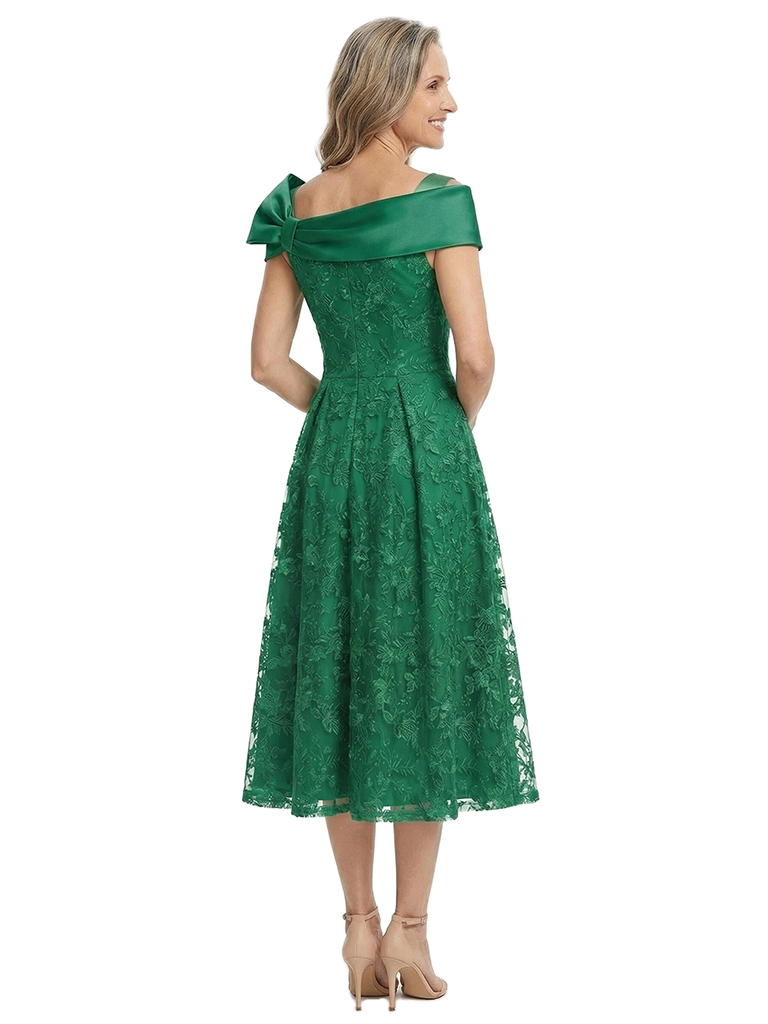 ChicSew Modern Tea-Length Lace Applique Mother Of The Groom Dress With Satin Bow Shoulder