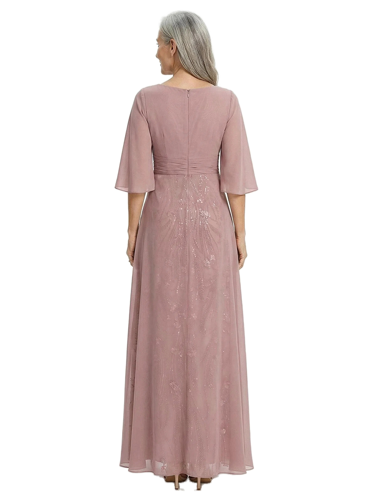 ChicSew V-Neck Flutter Sleeves A-Line Chiffon Ruched Mother Of The Bride Dress Sequin Gown