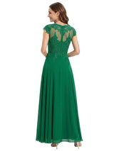 Elegant A-Line Illusion Cap Sleeves Lace Chiffon Long Mother Of The Bride Dresses