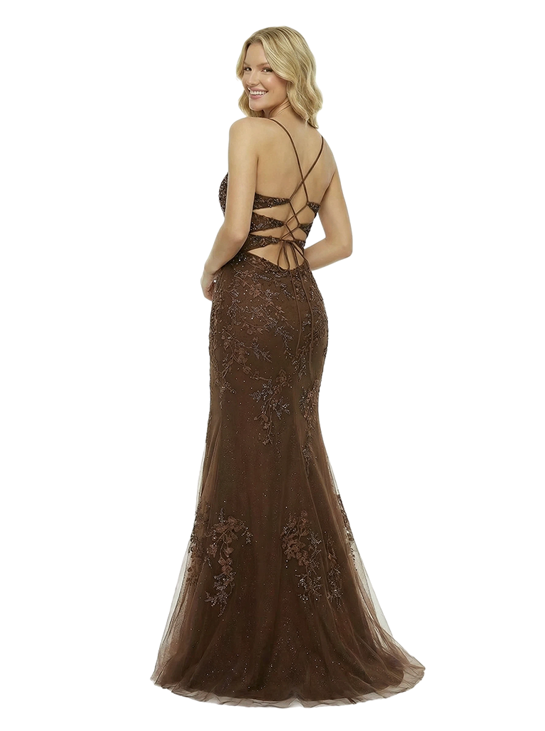 Unique Spaghetti Straps V-Neck Side Slit Mermaid Lace Tulle Formal Prom Dress