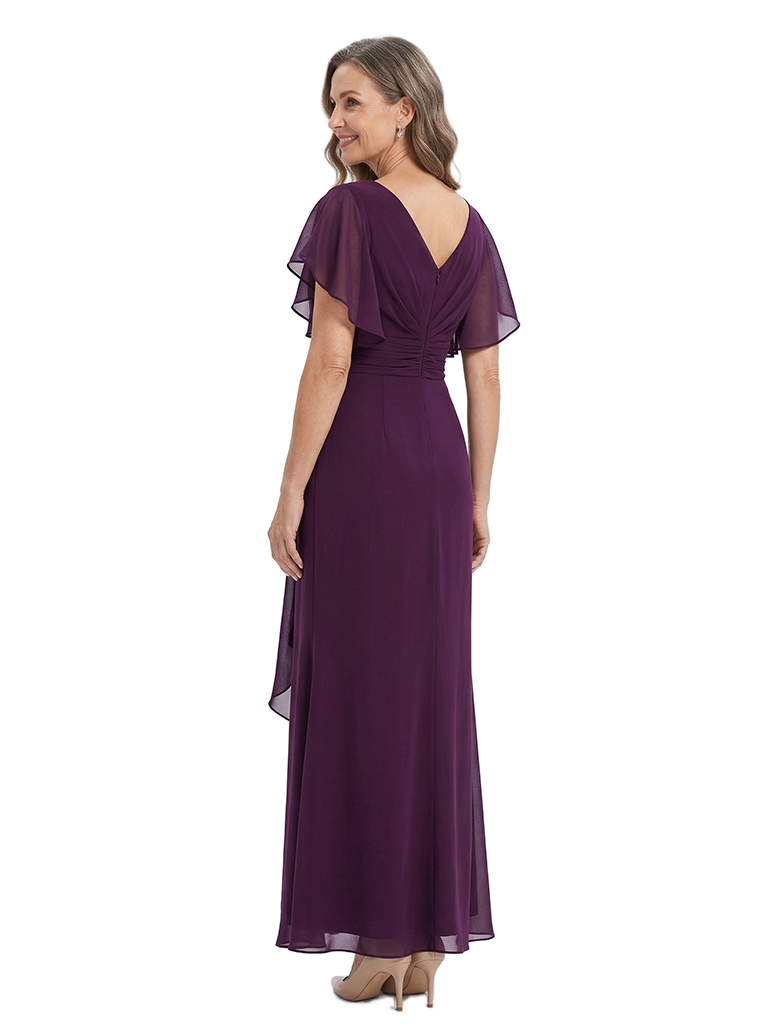 ChicSew V-Neck Short Sleeves Ruffle Ankle-Length Chiffon Elegant Mom Of The Groom Dresses