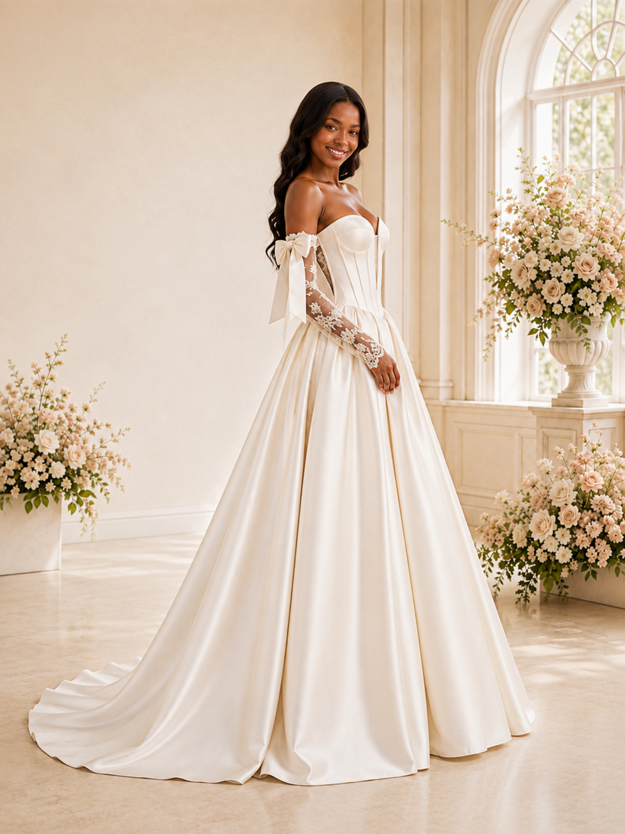 ChicSew Classy Sweetheart A-Line Boning Ruched Satin Maxi Wedding Dress With Long Lace Sleeves
