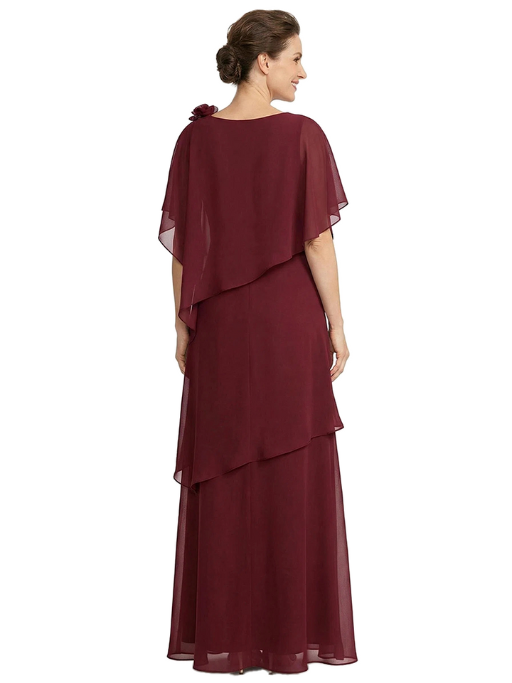 ChicSew Elegant Chiffon Mother Of The Bride Gown With Flowy Capelet And Tiered Skirt Floor Length