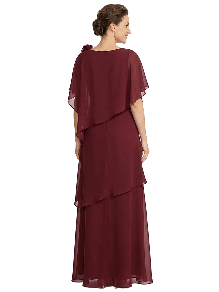 ChicSew Elegant Chiffon Mother Of The Bride Gown With Flowy Capelet And Tiered Skirt Floor Length
