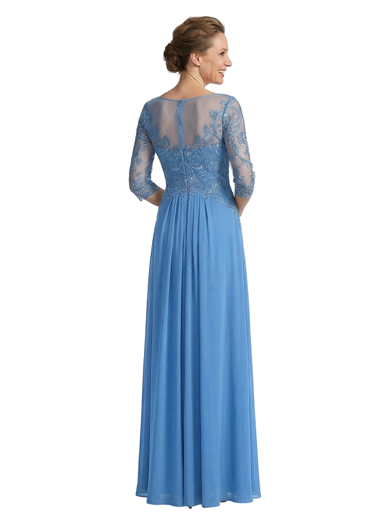 ChicSew Illusion Long Sleeve Lace Ruched A-Line Floor Length Chiffon Fancy Mother of the Bride Dresses