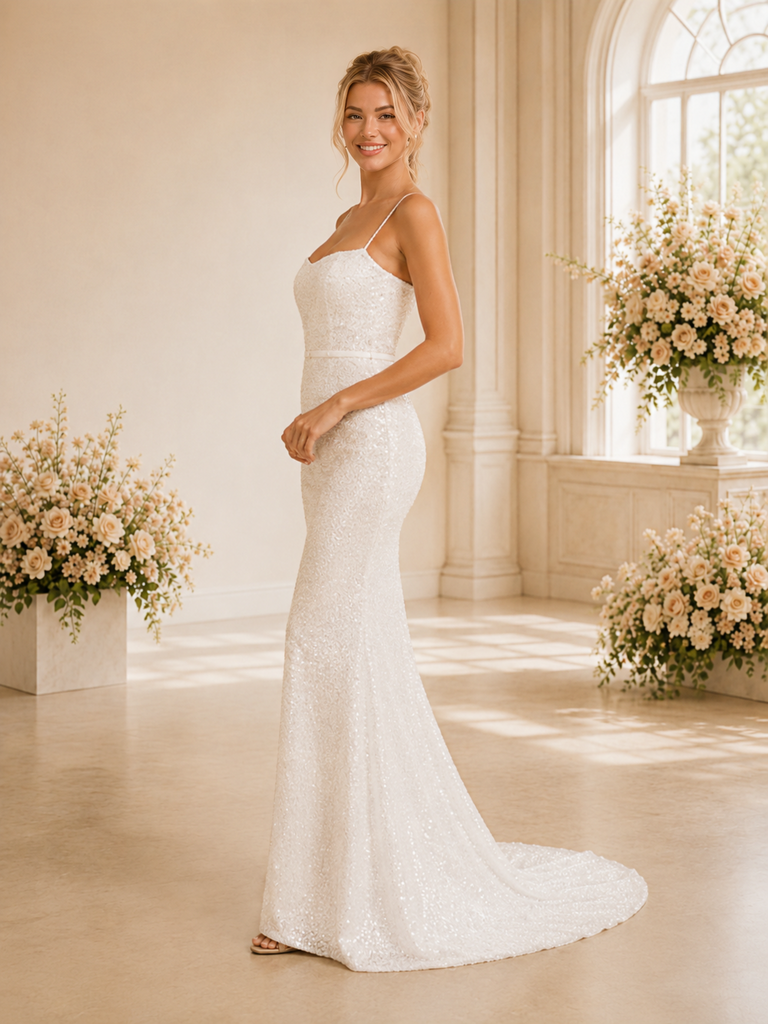 ChicSew Classy Spaghetti Straps Glittler Tulle Mermaid Floor-Length Wedding Dress