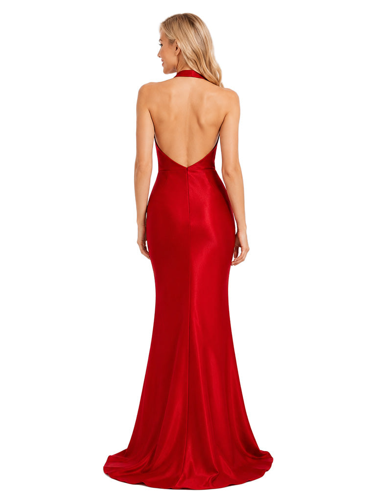 ChicSew Halter Mermaid Satin Bridesmaid Maxi Dress Sexy Sleeveless Open Back Wedding Gown