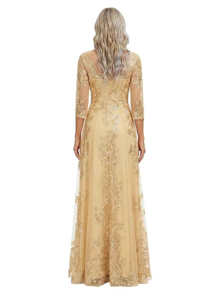 ChicSew Elegant Illusion Long Sleeve A-Line Mother Of The Bride Gown Lace Tulle Overlay