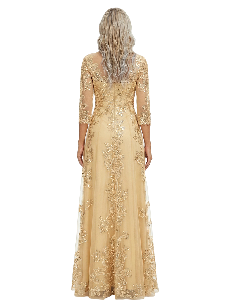 ChicSew Elegant Illusion Long Sleeve A-Line Mother Of The Bride Gown Lace Tulle Overlay