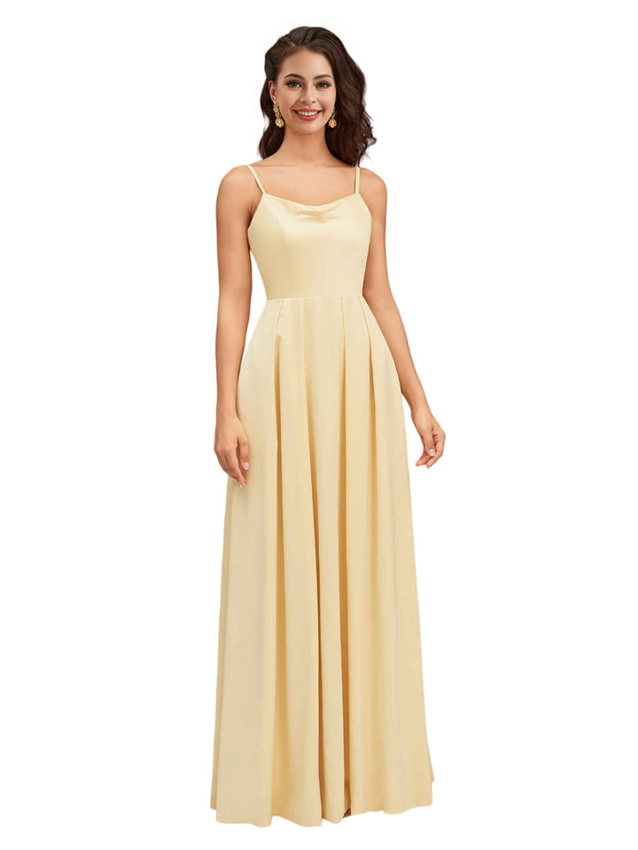 Elegant Spaghetti Straps Sleeveless Soft Satin A-Line Bridesmaid Dresses With Pocket