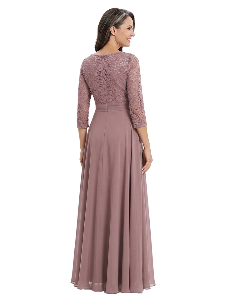 ChicSew V-Neck 3/4 Sleeve Embroidered Lace Ruched Waist A-Line Chiffon Mother of the Bride Dresses
