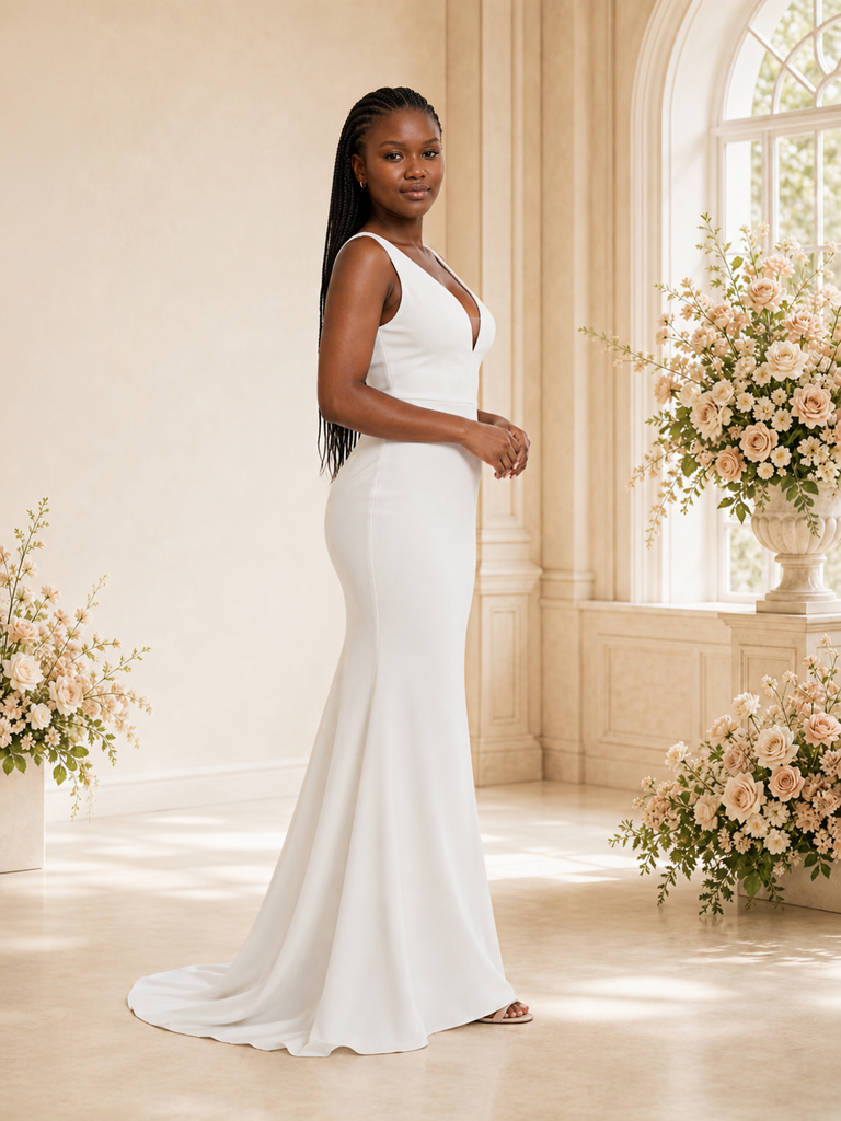 ChicSew Elegant Spaghetti Straps V-Neck Crepe  Mermaid Maxi Wedding Dress