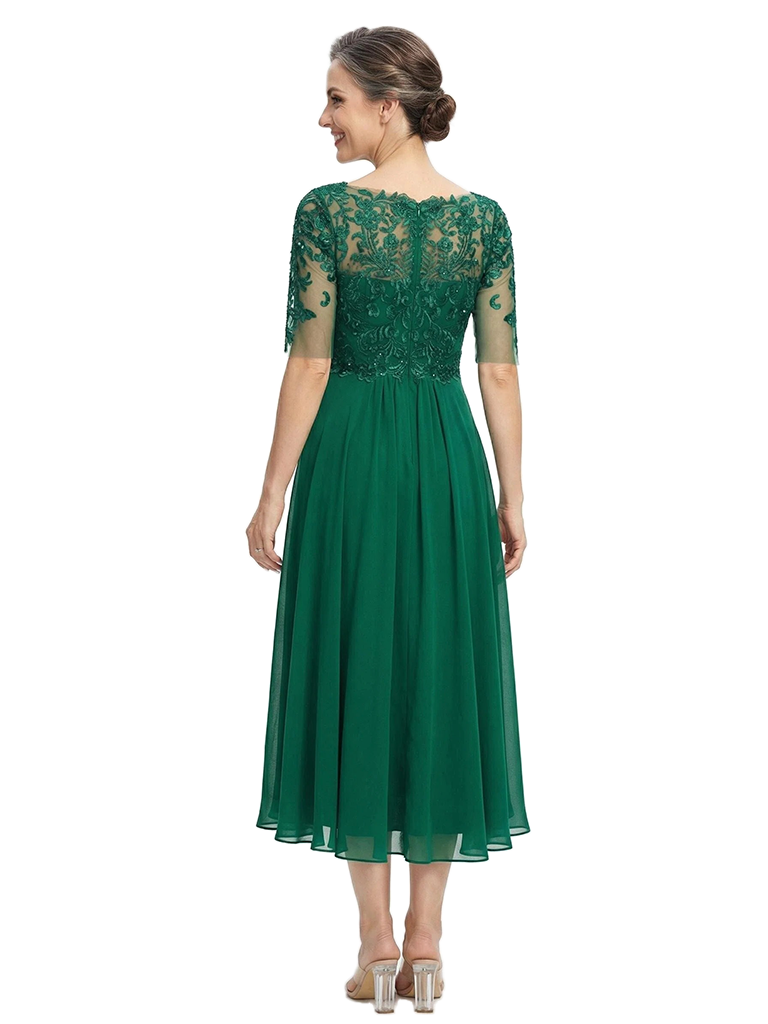 ChicSew Jewel Half Sleeve Lace Ruched Tea Length Chiffon Mother Of The Bride Dresses