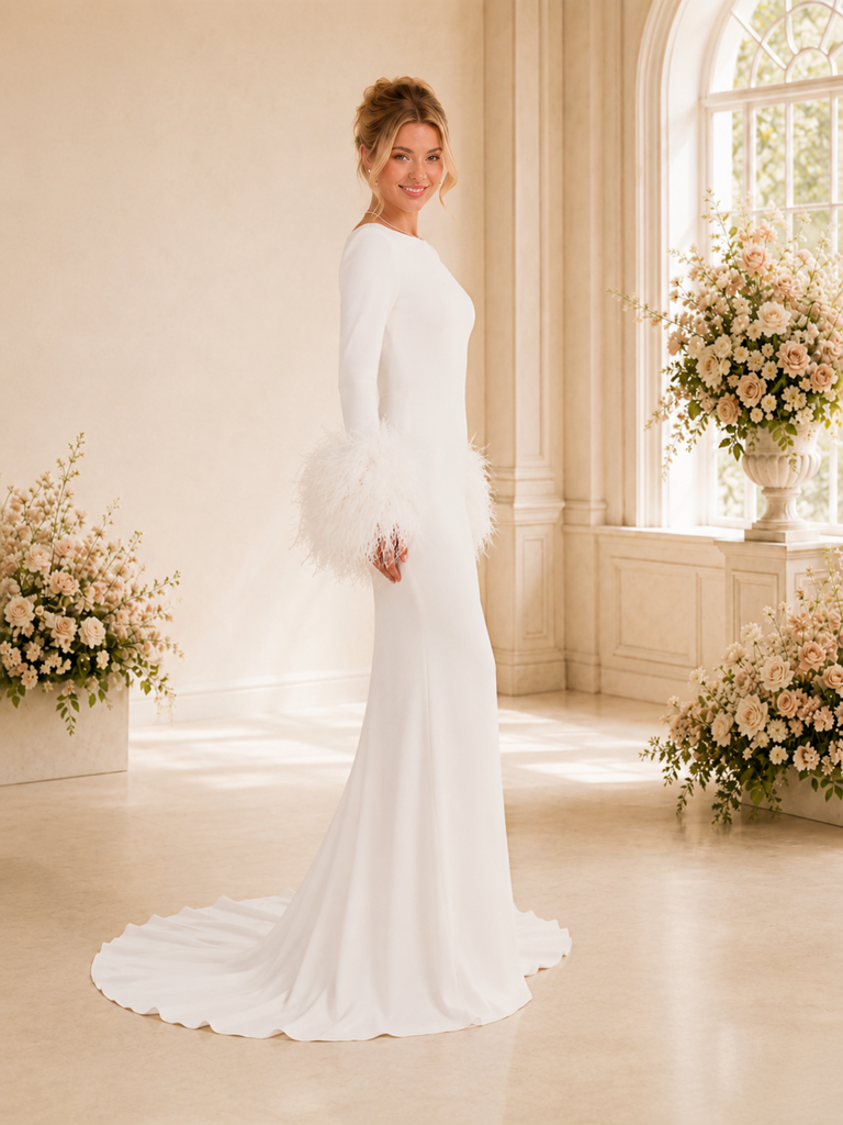 ChicSew Elegant Sabrina Long Sleeves Mermaid Crepe Floor-Length Wedding Dress