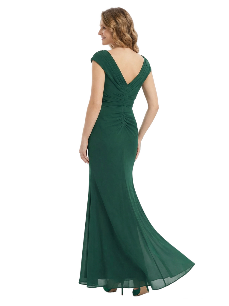Stunning Ruched Mermaid Mother Of The Bride Dress Cap Sleeve V-Neck Chiffon Formal Gown