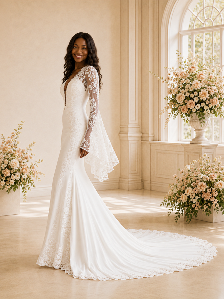 ChicSew Romantic Sexy Deep V-Neck Long Flutter Sleeves Tulle Lace Appliques Maxi Wedding Dress