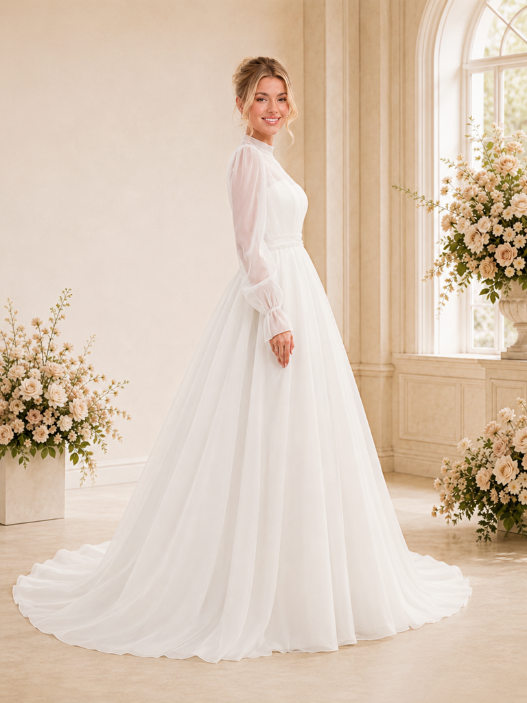 ChicSew Elegant Fancy High Neck Long Sleeves A-Line Chiffon Floor-Length Wedding Dresses