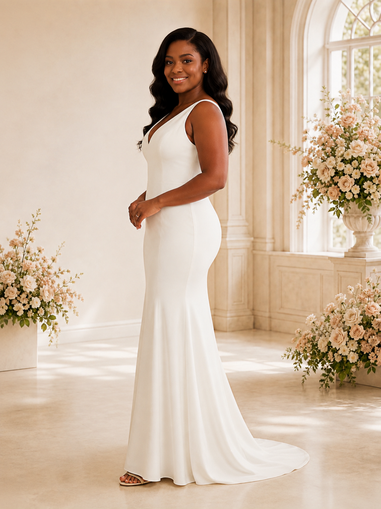 ChicSew Elegant Mermaid V-Neck Spaghetti Straps Crepe Maxi Wedding Dress