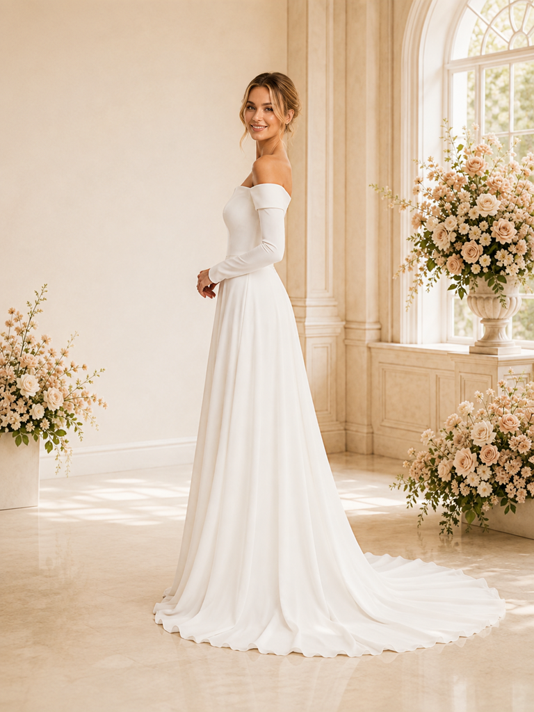 ChicSew Elegant Off The Shoulder Long Sleeves Crepe Chiffon A-Line Maxi Wedding Dress