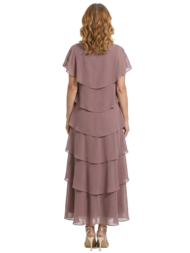 ChicSew Scoop Short Sleeve Layered Ruffle Chiffon Tea Length Casual Mother Of The Bride And Groom Dresses