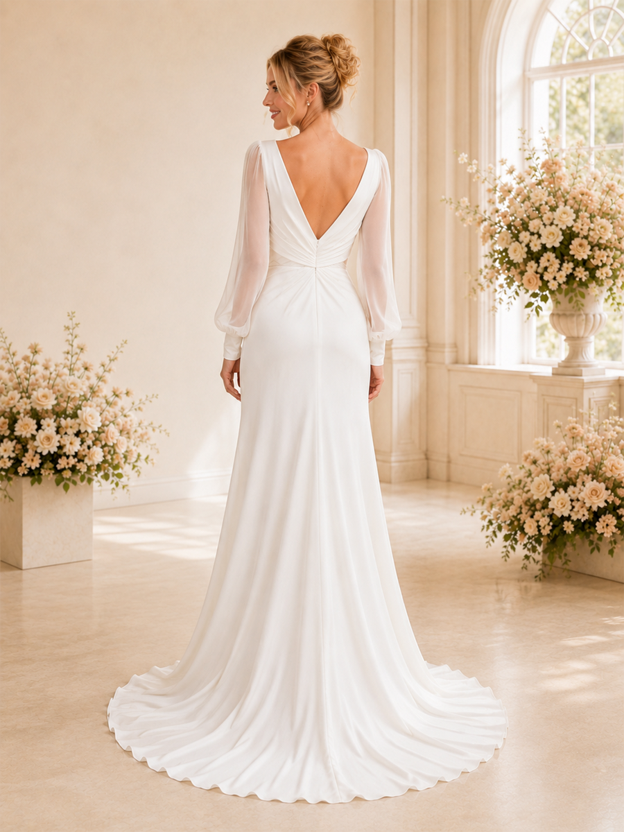 ChicSew Elegant Chiffon Sheath Long Tulle Sleeves V-Neck Side Slit Maxi Wedding Dresses