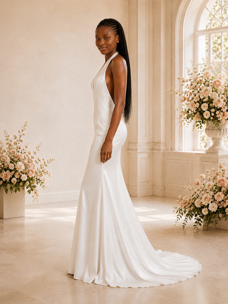 ChicSew Elegant Halter Mermaid Satin Floor-Length Open Back Wedding Dress