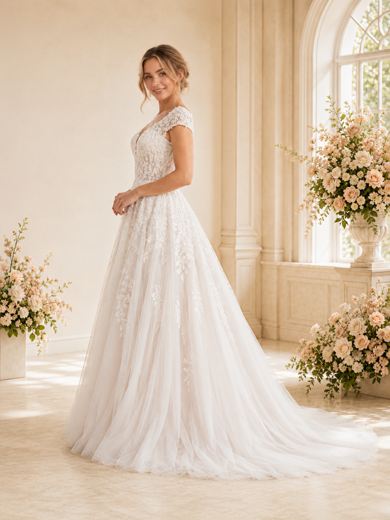 ChicSew Fancy Cap Sleeves V-Neck Lace Tulle Open Back Maxi A-Line Wedding Dress