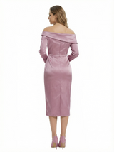 Chicsew Chic Off Shoulder Long Sleeves Sheath Satin Mother of The Groom Dress